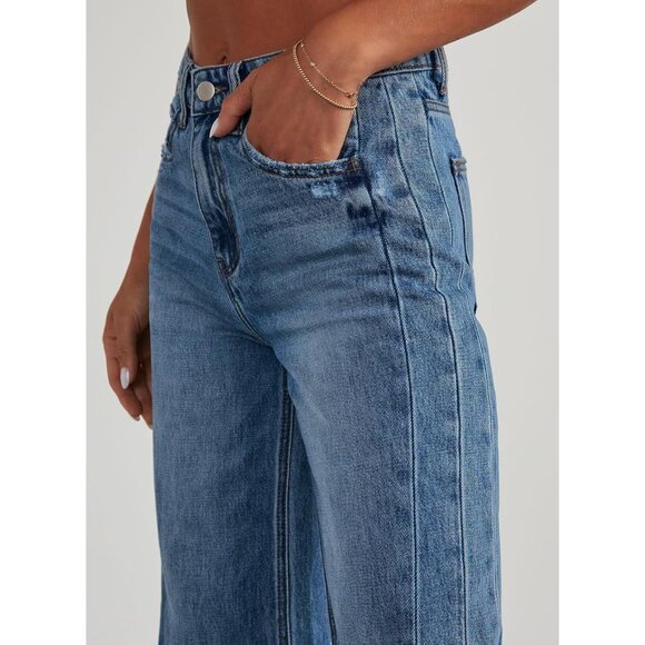 Women's Wide Leg High Waisted Denim Jeans Raw Hem Plus Size Blue - Picture 4 of 8